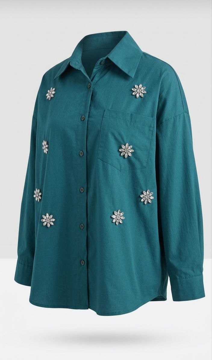 Emerald Bloom Embellished Oversized Shirt