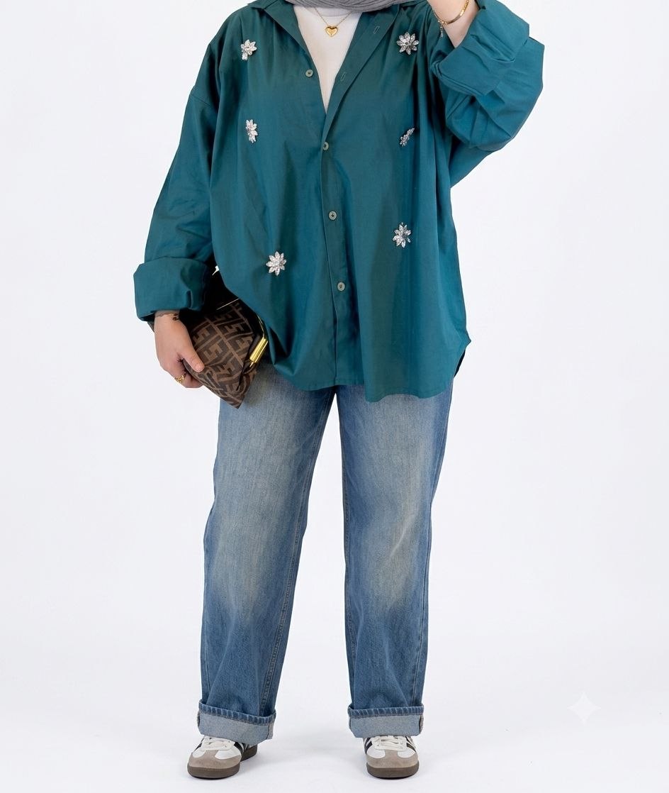 Emerald Bloom Embellished Oversized Shirt