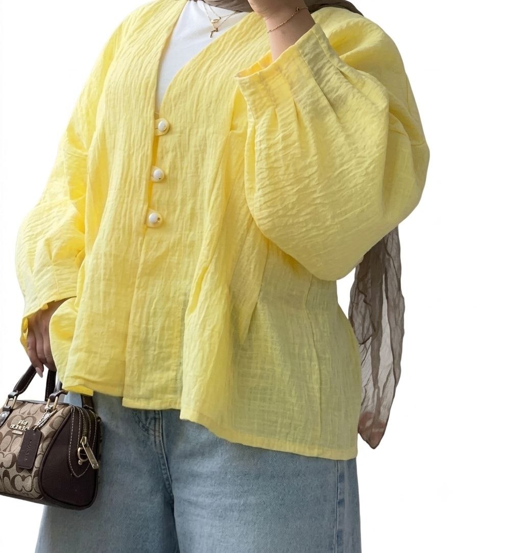 Lemon Yellow V-Neck Puff Sleeve Blouse