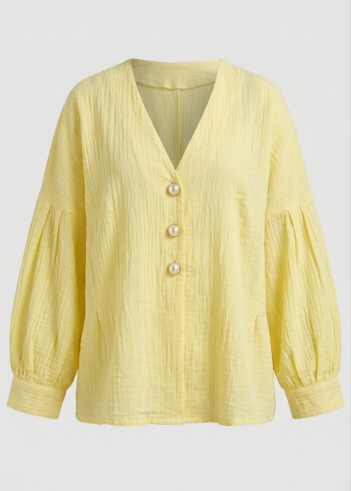 Lemon Yellow V-Neck Puff Sleeve Blouse