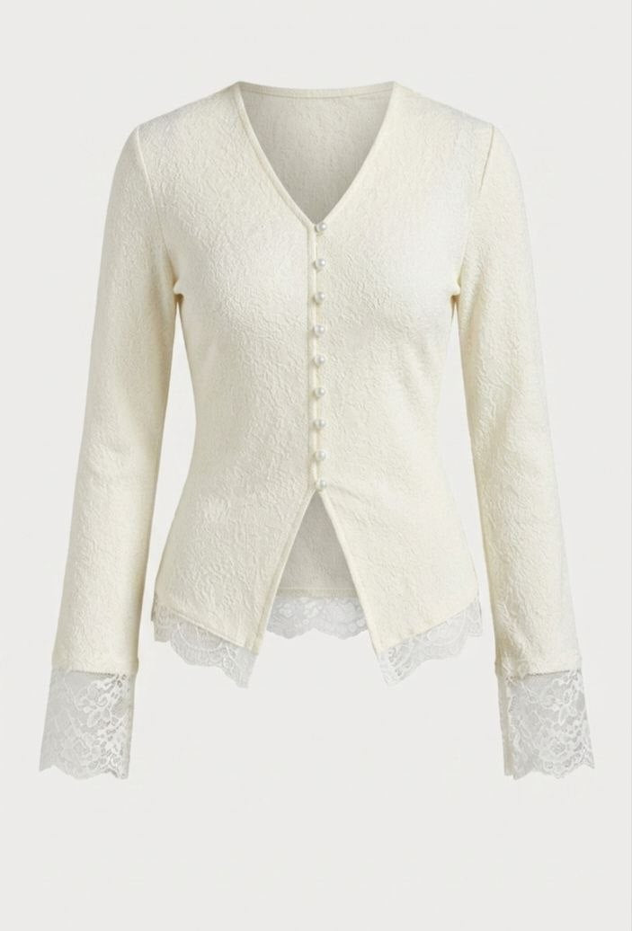 Ivory Pearl Lace Trim Blouse