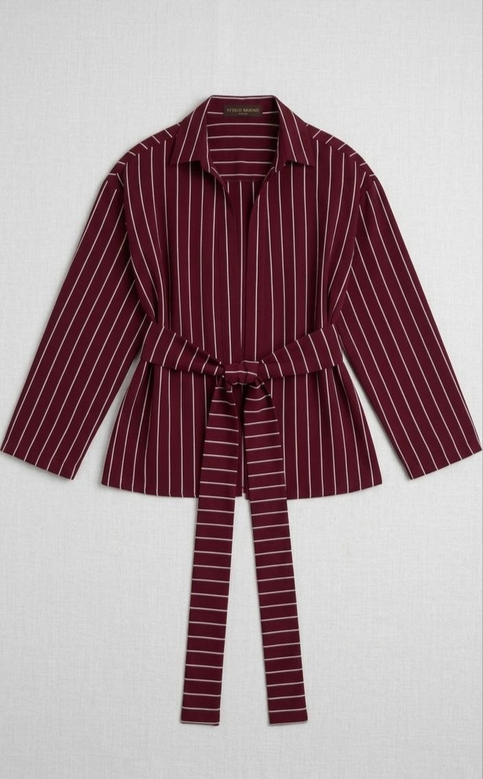 Burgundy Pinstripe Belted Shirt Blouse